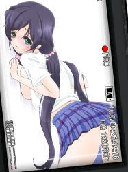 Rule 34 | 10s, 1girl, against wall, blush, breast press, breasts, dress shirt, frapowa, green eyes, large breasts, long hair, looking at viewer, looking back, love live!, love live! school idol project, no panties, purple hair, school uniform, shirt, skirt, solo, tojo nozomi, twintails, very long hair, viewfinder
