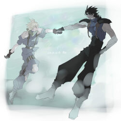 Rule 34 | 2boys, abstract background, armor, belt, black belt, black gloves, black hair, black pants, blonde hair, blue background, blue eyes, blue pants, blue shirt, blue sweater, blue theme, boots, cloud strife, commentary, crisis core final fantasy vii, dated, final fantasy, final fantasy vii, foot up, from side, full body, gloves, green scarf, hand in pocket, happy, highres, holding hands, jumping, knee pads, long hair, looking at another, male focus, multiple boys, muscular, muscular male, open mouth, pants, pauldrons, puffy pants, puffy short sleeves, puffy sleeves, scarf, shinra infantry uniform, shirt, short hair, short sleeves, shoulder armor, sleeveless, sleeveless sweater, sleeveless turtleneck, smile, spiked hair, suspenders, sweater, thigh strap, turtleneck, turtleneck sweater, zack fair, zc furuya
