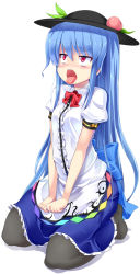 Rule 34 | 1girl, black pantyhose, blue hair, blush, feet, female focus, food, fruit, hat, highres, hinanawi tenshi, long hair, mamo williams, no shoes, open mouth, pantyhose, peach, red eyes, simple background, solo, tongue, tongue out, touhou, v-shaped eyebrows