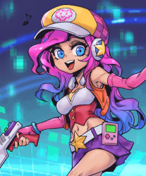 Rule 34 | 1girl, :d, arcade miss fortune, bare shoulders, belt, blue eyes, blue hair, breasts, cleavage, fingerless gloves, game boy, game boy (original), gloves, gradient background, green background, gun, handheld game console, headphones, heart, holding, holding gun, holding weapon, league of legends, long hair, looking at viewer, medium breasts, miss fortune (league of legends), multicolored hair, navel, official alternate costume, open mouth, phantom ix row, pink gloves, pink hair, purple skirt, skirt, smile, solo, teeth, tongue, two-tone hair, upper teeth only, weapon, white belt