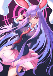 Rule 34 | 1girl, animal ears, black background, black jacket, blush, breasts, carrot pin, commentary, crescent, crescent pin, finger gun, finger gun to head, highres, jacket, large breasts, legs, long hair, looking at viewer, necktie, pennosuke, pink skirt, purple hair, rabbit ears, red eyes, red necktie, reisen udongein inaba, shirt, sight, skirt, smile, touhou, uniform, white shirt
