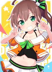 Rule 34 | 1girl, ahoge, bare shoulders, black camisole, blush, bow, brown hair, camisole, cat hair ornament, collarbone, commentary request, crop top, double w, green bow, green eyes, grin, groin, hair between eyes, hair ornament, hands up, highres, hololive, jacket, long hair, midriff, natsuiro matsuri, natsuiro matsuri (1st costume), navel, off-shoulder jacket, off shoulder, okota mikan, orange jacket, pinstripe camisole, pinstripe pattern, pleated skirt, side ponytail, skirt, smile, solo, star (symbol), striped, virtual youtuber, w, white skirt