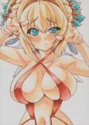 Rule 34 | 10s, 1girl, armpits, bikini, bikini pull, bikini top lift, blonde hair, blush, breasts, cleavage, clothes lift, clothes pull, curvy, fate/extra, fate (series), frown, hair ornament, hair ribbon, large breasts, lifted by self, marker (medium), mechanical pencil, millipen (medium), navel, nero claudius (fate), nero claudius (fate) (all), nero claudius (fate/extra), official alternate costume, pencil, ribbon, short hair, simple background, slingshot swimsuit, slit pupils, swimsuit, traditional media, uneven eyes, white background, yutakasan-love