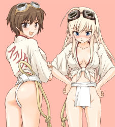 Rule 34 | 2girls, ass, blonde hair, blue eyes, blush, breasts, brown eyes, brown hair, cleavage, clothes writing, crossed arms, fundoshi, goggles, goggles on head, hands on own hips, hanna-justina marseille, happi, japanese clothes, katou keiko, kimono, large breasts, long hair, looking back, looking down, mirutsu (milts), mizu happi, multiple girls, open mouth, rope, shimenawa, short hair, smile, strike witches, translated, world witches series
