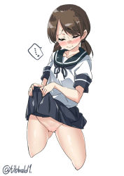 Rule 34 | ..., 1girl, black skirt, blush, brown hair, closed eyes, closed mouth, clothes lift, collarbone, commentary request, cowboy shot, cropped legs, ebifurya, gluteal fold, groin, highres, kantai collection, lifted by self, low twintails, no panties, pleated skirt, pussy, pussy juice, school uniform, serafuku, shirayuki (kancolle), short sleeves, short twintails, simple background, skirt, skirt lift, solo, speech bubble, spoken ellipsis, sweat, tears, twintails, twitter username, uncensored, white background