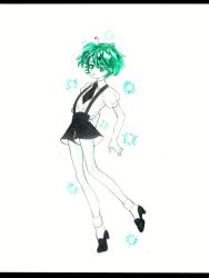 Rule 34 | 1girl, androgynous, artist request, black neckwear, black shorts, collared shirt, crystal hair, full body, gem uniform (houseki no kuni), hair between eyes, high heels, houseki no kuni, letterboxed, looking at viewer, open mouth, shirt, short sleeves, shorts, simple background, skirt, solo, sparkle, suspender shorts, suspenders, touhou, white background, white shirt, wing collar, wriggle nightbug