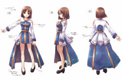 Rule 34 | 1girl, adapted costume, arch bishop (ragnarok online), black footwear, blue dress, blush, brown eyes, brown hair, character sheet, closed mouth, cross, dress, fishnet thighhighs, fishnets, full body, high heels, jewelry, legs, looking afar, looking to the side, medium bangs, multiple views, pelvic curtain, ragnarok online, revision, sash, shoes, short hair, simple background, smile, thighhighs, translation request, turnaround, two-tone dress, white background, white dress, white thighhighs, yakka, yellow sash