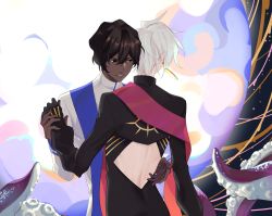 Rule 34 | 2boys, 676643396dolce, absurdres, arjuna (fate), back cutout, black gloves, black hair, clothing cutout, dancing, dark-skinned male, dark skin, earrings, fate/apocrypha, fate/grand order, fate (series), gloves, highres, jewelry, karna (fate), male focus, multiple boys, octopus, single earring, stole, white hair, yaoi