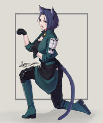 Rule 34 | 1girl, animal ears, black gloves, black pants, black shirt, blue hair, boots, breasts, cat ears, cat tail, cleavage, cm lynarc, fire emblem, fire emblem: three houses, forehead, gloves, green footwear, green jacket, grey background, highres, jacket, kemonomimi mode, large breasts, long sleeves, looking at viewer, nintendo, open clothes, open jacket, open mouth, pants, purple eyes, shamir nevrand, shirt, short hair, simple background, solo, tail