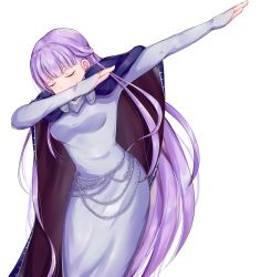 Rule 34 | 1girl, absurdres, blue dress, breasts, cape, cloak, closed eyes, commission, commissioner upload, dab (dance), dress, eikop, feathers, fire emblem, fire emblem: the binding blade, highres, jewelry, long hair, long sleeves, md5 mismatch, medium breasts, nintendo, purple hair, resolution mismatch, signature, simple background, solo, sophia (fire emblem), source smaller
