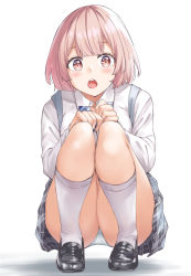 Rule 34 | 1girl, backpack, bag, black footwear, blush, collared shirt, highres, knees together feet apart, looking at viewer, open mouth, original, panties, pantyshot, pink eyes, pink hair, school uniform, shirt, shoes, short hair, simple background, skirt, socks, solo, squatting, thighs, underwear, white background, white socks, wing (aiastor)