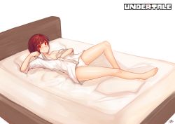 Rule 34 | 1girl, 3gs, :&gt;, bad id, bad pixiv id, bed, brown hair, chara (undertale), highres, looking at viewer, lying, oversized clothes, panties, red eyes, short hair, solo, undertale, underwear, white panties