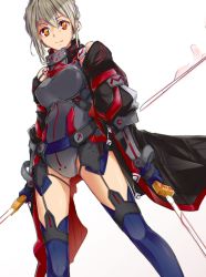 Rule 34 | 1girl, armor, artoria pendragon (fate), blue gloves, blue thighhighs, breastplate, dual wielding, fate/grand order, fate (series), from below, garter straps, gloves, grey leotard, hair between eyes, holding, holding sword, holding weapon, leotard, looking at viewer, mysterious heroine x alter (fate), mysterious heroine x alter (third ascension) (fate), saruno (eyesonly712), shiny skin, short hair, silver hair, simple background, sketch, solo, standing, sword, thighhighs, weapon, white background, yellow eyes