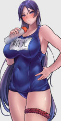 Rule 34 | 1girl, absurdres, blue one-piece swimsuit, blush, breasts, covered navel, cowboy shot, fate/grand order, fate (series), hand on own hip, highres, large breasts, long hair, lotion bottle, low-tied long hair, minamoto no raikou (fate), name tag, old school swimsuit, one-piece swimsuit, parted bangs, purple eyes, purple hair, sawayuzu, school swimsuit, school swimsuit flap, solo, swimsuit, very long hair