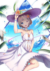 Rule 34 | 10s, 1girl, ;d, blue eyes, bow, breasts, brown hair, cleavage, cloud, dress, flower, hair flower, hair ornament, hand on headwear, hat, hat flower, hat ribbon, head tilt, looking at viewer, love live!, love live! school idol festival, love live! sunshine!!, one eye closed, open mouth, ribbon, short hair, sleeveless, sleeveless dress, smile, solo, spaghetti strap, straw hat, sundress, watanabe you, water, white dress, xiaosan ye