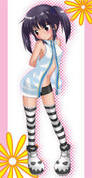 Rule 34 | 1girl, black hair, blush, kooh, naegi (naegidokoro), nibiqn, pangya, red eyes, solo, standing, striped clothes, striped thighhighs, thighhighs, twintails