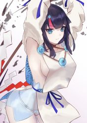 Rule 34 | 1girl, absurdres, armpits, arms behind head, arms up, bare shoulders, black hair, blue eyes, blue ribbon, breasts, closed mouth, collarbone, dress, fate/grand order, fate/requiem, fate (series), fundoshi, highres, japanese clothes, jewelry, large breasts, long sleeves, looking at viewer, magatama, magatama hair ornament, medium breasts, medium hair, multicolored hair, necklace, okuma707, pelvic curtain, pink hair, polearm, puffy long sleeves, puffy sleeves, ribbon, seigaiha, short dress, sideboob, sideless outfit, simple background, smile, solo, spear, streaked hair, thighs, two-sided fabric, two-sided skirt, utsumi erice, weapon, white background, white dress