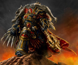 Rule 34 | ammunition belt, armor, chaos (warhammer), clawed gauntlets, eyes of horus (warhammer 40k), highres, holding, holding weapon, horus lupercal, israel llona, looking at viewer, mace, non-web source, ornate armor, pelt, primarch, skull, skull ornament, spiked mace, spikes, terminator armor, tube, warhammer 40k, weapon, worldbreaker (warhammer 40k)