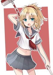 Rule 34 | 10s, 1girl, blonde hair, blush, fate/extra, fate (series), green eyes, long hair, mordred (fate), mordred (fate/apocrypha), ponytail, red saber, school uniform, serafuku, skirt, solo, spiked hair