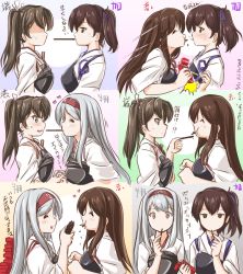 Rule 34 | 10s, 4girls, :t, akagi (kancolle), breasts, brown eyes, brown hair, chart, clenched hands, comic, dated, eating, eye contact, closed eyes, facing another, feeding, female focus, food, from side, hair ribbon, headband, japanese clothes, jitome, kaga (kancolle), kantai collection, looking at another, multiple girls, muneate, orange eyes, pocky, pocky kiss, ribbon, shaded face, shared food, short hair, shoukaku (kancolle), side ponytail, silver hair, simple background, tatsumi ray, translated, twintails, twitter username, upper body, you&#039;re doing it wrong, zuikaku (kancolle)