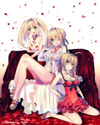 Rule 34 | 3girls, :d, ;d, ahoge, artist name, bikini, blonde hair, blush, bracelet, breasts, cleavage, crossed legs, dress, fate/grand order, fate (series), frilled dress, frills, green eyes, hair intakes, hair ribbon, ittokyu, jewelry, legs, long hair, looking at viewer, medium breasts, multiple girls, multiple persona, nero claudius (fate), nero claudius (fate) (all), nero claudius (swimsuit caster) (fate), nero claudius (swimsuit caster) (third ascension) (fate), one eye closed, open mouth, petals, red dress, red ribbon, ribbon, short hair, sitting, smile, striped bikini, striped clothes, swimsuit, twintails, wariza