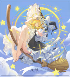 Rule 34 | 1girl, absurdres, ass, barefoot, between buttocks, black dress, black skirt, blonde hair, bow, braid, broom, broom riding, dated, dress, hat, hat bow, highres, holding, kirisame marisa, mamayu, no panties, puffy short sleeves, puffy sleeves, short sleeves, skirt, smile, solo, touhou, white bow, witch hat