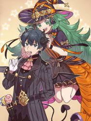 Rule 34 | 1boy, 1girl, alternate costume, ascot, black headwear, black skirt, blue eyes, blue hair, blunt bangs, bow, braid, byleth (fire emblem), byleth (male) (fire emblem), candy, costume, demon horns, demon wings, dress, fire emblem, fire emblem: three houses, fire emblem heroes, floating, food, gloves, green eyes, green hair, halloween, halloween costume, happy halloween, hat, highres, holding, horns, katura69, lollipop, long hair, looking at viewer, matching hair/eyes, multicolored hair, nintendo, official alternate costume, open mouth, orange background, orange dress, parted lips, pointy ears, puffy short sleeves, puffy sleeves, sash, short sleeves, simple background, skirt, smile, sothis (fire emblem), striped, twin braids, very long hair, white gloves, wings, witch hat, wristband