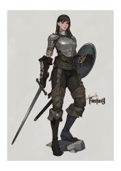 Rule 34 | 1girl, absurdres, armor, black pants, boots, border, brown hair, english text, expressionless, green jacket, grey background, highres, jacket, long hair, looking at viewer, medieval, original, pants, shield, shoulder armor, solo, sonech, sword, weapon, white border