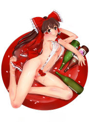 Rule 34 | 1girl, alcohol, barefoot, bottle, breasts, brown eyes, brown hair, cherry blossoms, cleft of venus, cup, drunk, feet, female focus, flower, full body, hair ribbon, hair tubes, hakurei reimu, in container, in cup, legs folded, looking at viewer, lying, medium breasts, navel, nipples, on side, oversized object, petals, ribbon, sakazuki, sake, sake bottle, sasayuki, see-through, simple background, slingshot swimsuit, solo, swimsuit, touhou, wedgie, white background