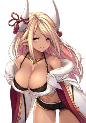 Rule 34 | 1girl, bare shoulders, black shorts, blonde hair, blush, breasts, cleavage, collarbone, dark-skinned female, dark skin, draph, earrings, elbow gloves, fur trim, gloves, granblue fantasy, highres, horns, jewelry, kumbhira (granblue fantasy), large breasts, leaning forward, long hair, looking at viewer, navel, necklace, parted bangs, parted lips, pointy ears, short shorts, shorts, simple background, smile, solo, white background, yellow eyes, ym (distance819)