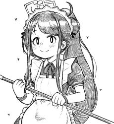 Rule 34 | 1girl, apron, aris (blue archive), aris (maid) (blue archive), blue archive, blush, broom, commentary request, dress, flat chest, frilled apron, frills, halo, heart, holding, holding broom, long hair, looking at viewer, maid, maid apron, maid headdress, monochrome, moromo1996, official alternate costume, official alternate hairstyle, ponytail, puffy short sleeves, puffy sleeves, short sleeves, sidelocks, smile, solo, white background