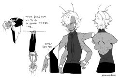 Rule 34 | 1boy, antennae, arthropod boy, backless outfit, bad id, bad twitter id, bandages, bandage on face, bandages, cape, dark skin, dark-skinned male, extra arms, closed eyes, greyscale, hair over one eye, hands on own face, korean text, male focus, monochrome, monster boy, multiple views, original, short hair, sonnet form, twitter username, upside-down
