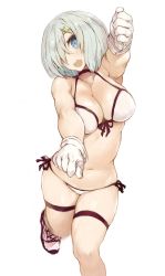 1girl absurdres bikini blue_eyes breasts cleavage commentary curvy foreshortening gloves hair_ornament hair_over_one_eye hairclip hamakaze_(kancolle) highres kantai_collection large_breasts navel open_mouth revision round_teeth ryo_(tg290) short_hair side-tie_bikini_bottom silver_hair simple_background solo standing standing_on_one_leg swimsuit symbol-only_commentary teeth upper_teeth_only white_background white_bikini white_gloves