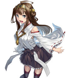 Rule 34 | 10s, 1girl, :d, ahoge, blush, boots, brown hair, detached sleeves, double bun, h kasei, hairband, japanese clothes, kantai collection, kongou (kancolle), long hair, nontraditional miko, open mouth, personification, pleated skirt, skirt, smile, solo, thigh boots, thighhighs