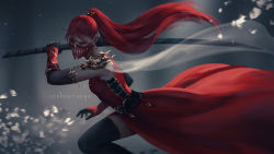 Rule 34 | 1girl, bare shoulders, blurry, blurry background, commentary, detached sleeves, dress, ear piercing, earrings, english commentary, gauntlets, holding, holding sword, holding weapon, jewelry, looking at viewer, mask, mouth mask, original, piercing, ponytail, red dress, red eyes, red hair, running, serpentigena, shoulder pads, sword, thighhighs, weapon, wind