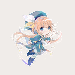 Rule 34 | 1girl, beret, black footwear, blue capelet, blue eyes, blue hat, blue jacket, blush, boots, brown hair, capelet, chibi, closed mouth, efina, full body, grey background, hair between eyes, hand up, hat, highres, jacket, jne, lieat, long hair, low twintails, pantyhose, ribbon, short shorts, shorts, simple background, solo, sparkle, striped clothes, striped pantyhose, twintails, vertical-striped clothes, vertical-striped pantyhose, very long hair, white ribbon, wrist cuffs, yellow ribbon
