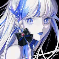 Rule 34 | 1girl, black background, black bow, blue eyes, blue hair, blue lips, blue theme, bow, braid, bright pupils, close-up, closed mouth, colored skin, diamond-shaped pupils, diamond (shape), gem, hair bow, kotobuki nashiko, light particles, long hair, looking at viewer, multicolored hair, original, portrait, red gemstone, side braid, sidelocks, single braid, solo, sparkle, sparkling eyes, streaked hair, symbol-shaped pupils, two-sided bow, two-tone hair, white hair, white pupils, white skin