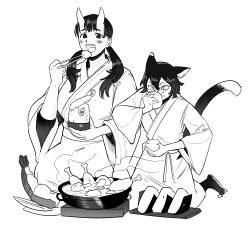 Rule 34 | 2girls, animal ears, barefoot, between fingers, bib bb bib, body fur, bowl, breasts, cat ears, cat girl, cat tail, chicken (food), chicken leg, chopsticks, cooking pot, dungeon meshi, eating, food, food on face, greyscale, hair over shoulder, hand up, hashtag-only commentary, height difference, highres, holding, holding bowl, holding chopsticks, holding food, horns, inutade, izutsumi, japanese clothes, kimono, kneeling, large breasts, lobster, long hair, long sleeves, looking at viewer, low twintails, monochrome, multiple girls, obi, onigiri, open mouth, plate, portable stove, rice, rice on face, sash, seiza, short hair, shrimp, shrimp tempura, simple background, sitting, soup, steam, stove, tail, tempura, twintails, unaligned ears, wide sleeves, you&#039;re doing it wrong