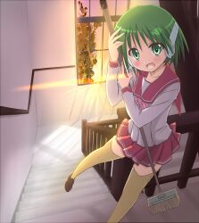Rule 34 | 1girl, blush, broom, collarbone, dot nose, evening, female focus, green eyes, green hair, holding, holding broom, indoors, katoyu, long sleeve shirt, long sleeves, looking at viewer, multi (to heart), open mouth, red sailor collar, robot ears, robot girl, sailor collar, school uniform, serafuku, shoes, short hair, solo, stairs, thighhighs, to heart, to heart (series), window, yellow thighhighs