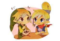 Rule 34 | 1boy, 1girl, :t, artist name, bandaged arm, bandages, bandana, black eyes, blonde hair, blue eyes, blue jacket, blush, box, chocolate, closed mouth, commentary request, eating, food, green headwear, green shirt, green tunic, hand up, hat, highres, holding, holding food, jacket, link, long sleeves, looking at another, nintendo, open clothes, open jacket, open mouth, parted bangs, pink background, pointy ears, purple shirt, raised eyebrow, red bandana, red ribbon, ribbon, shirt, short hair, sidelocks, simple background, sitting, sleeveless, sleeveless jacket, smile, table, tetra, the legend of zelda, the legend of zelda: the wind waker, tokuura, toon link, tunic, twitter username, two-tone background, white background