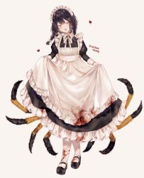 Rule 34 | 1girl, :d, absurdres, apron, arthropod girl, beige background, black dress, black footwear, black hair, blood, blood on clothes, blush, braid, brown background, brown eyes, commentary request, dress, fang, frilled apron, frilled dress, frills, full body, hair ornament, hairclip, half-closed eyes, head tilt, heart, heterochromia, highres, huge filesize, insect girl, juliet sleeves, long dress, long hair, long sleeves, looking at viewer, low twintails, maid, maid apron, maid headdress, open mouth, original, pantyhose, puffy sleeves, red eyes, ribbon, shoes, simple background, smile, solo, spider girl, standing, tarantula, twin braids, twintails, white apron, white pantyhose, white ribbon, y o u k a, yellow eyes
