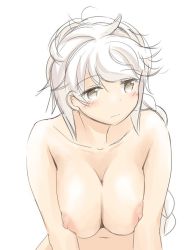 Rule 34 | 10s, 1girl, areola slip, asymmetrical hair, braid, breasts squeezed together, breasts, collarbone, jitome, kantai collection, large breasts, looking to the side, navel, nipple slip, nipples, nude, silver hair, single braid, sketch, solo, tamu (mad works), unryuu (kancolle), upper body, yellow eyes