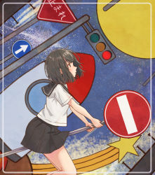 Rule 34 | 1girl, absurdres, arrow (symbol), bad id, bad pixiv id, black hair, black skirt, bob cut, brown eyes, from side, highres, huge filesize, looking away, neckerchief, night, night sky, no entry sign, original, red neckerchief, road sign, school uniform, shooting star, short hair, sign, skirt, sky, solo, star (sky), starry sky, stop sign, tanbonota46, traffic light, translation request