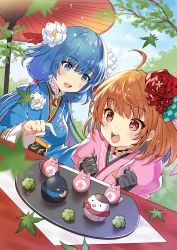 Rule 34 | 2girls, ahoge, black gloves, blue eyes, blue hair, blush, breasts, choker, day, eyes visible through hair, flower, gloves, hair flower, hair ornament, hands up, highres, japanese clothes, kimono, leaf, long hair, looking at another, looking at object, medium breasts, multiple girls, oil-paper umbrella, open mouth, orange hair, outdoors, pointing, red choker, red eyes, red flower, setsuna (shironeko project), shironeko project, small breasts, tatejima uri, teeth, towa (shironeko project), umbrella, upper teeth only, white flower