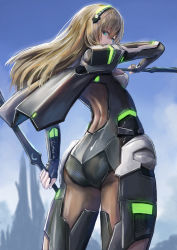 Rule 34 | 1girl, armor, arms at sides, ass, black cape, black gloves, blonde hair, breasts, cape, feet out of frame, fingerless gloves, from below, gloves, hair ornament, highres, long hair, looking at viewer, looking back, mannon (pso2), manon (pso2), phantasy star, phantasy star online 2, phantasy star online 2 new genesis, sakazuki sudama, shoulder armor, sideways glance, solo, spikes