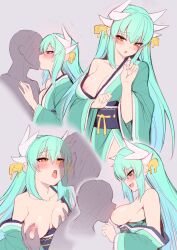 Rule 34 | 1boy, 1girl, absurdres, breast sucking, dragon girl, dragon horns, fate/grand order, fate (series), grabbing, grabbing another&#039;s breast, green hair, grey background, groping, hetero, highres, horns, japanese clothes, kimono, kiss, kiyohime (fate), long hair, long sleeves, looking at viewer, nipples, open mouth, simple background, smile, wisespeak, yellow eyes