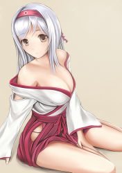 Rule 34 | 10s, 1girl, bad id, bad nicoseiga id, bare legs, blush, breasts, brown eyes, cleavage, hairband, japanese clothes, kantai collection, large breasts, long hair, looking at viewer, nannacy7, off shoulder, personification, shoukaku (kancolle), silver hair, skirt, solo