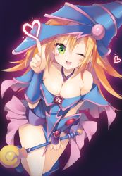 Rule 34 | 1girl, ;d, bare shoulders, blonde hair, blush, breasts, cleavage, dark magician girl, detached collar, duel monster, green eyes, hair between eyes, heart, holding, holding wand, large breasts, legs together, long hair, looking at viewer, one eye closed, open mouth, pentagram, sakura hanpen, smile, solo, teeth, thighs, wand, yu-gi-oh!, yu-gi-oh! duel monsters