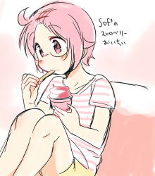 Rule 34 | 1girl, ahoge, bangs pinned back, bean bag chair, blush, closed mouth, collarbone, commentary request, eating, food, hair ornament, hairpin, ice cream, knees up, nonohara yuzuko, pink eyes, pink hair, shirt, short hair, short sleeves, shorts, simple background, sitting, solo, striped clothes, striped shirt, tatsunokosso, translation request, yellow shorts, yuyushiki