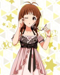 Rule 34 | 1girl, akizuki ritsuko, antenna hair, bare shoulders, blunt bangs, bracelet, braid, breasts, brown hair, collarbone, detached sleeves, dot nose, eyelashes, floral print, frilled negligee, frills, hair tie, halterneck, hand on own ear, holding, holding removed eyewear, idolmaster, idolmaster (classic), idolmaster million live!, idolmaster million live! theater days, jewelry, layered nightgown, light blush, official alternate costume, official art, one eye closed, parted lips, pink negligee, puffy detached sleeves, puffy sleeves, ribbon-trimmed sleeves, ribbon trim, rose print, sexy beautiful (idolmaster), sidelocks, small breasts, solo, standing, tearing up, twin braids, unworn eyewear